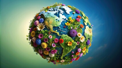 Planet earth made of colorful flowers and lush green plants , earth, flowers, plants, postcard, nature, concept