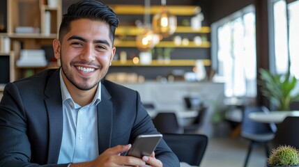 Canvas Print - A man in a suit is smiling and holding a cell phone