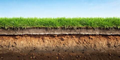 Underground soil layer cross section showcasing erosion ground topped with grass, underground, soil layer, cross section