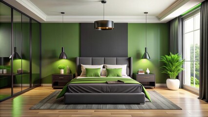 Wall Mural - Modern bedroom in black and green with contemporary touch, modern, bedroom, black, green, contemporary, design, interior