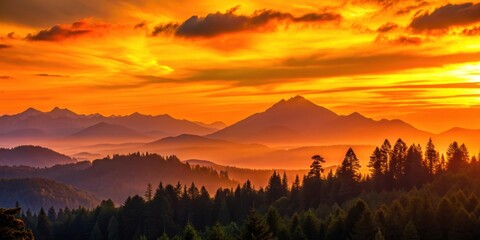 Vibrant orange sunset silhouetting mountains with lush forest in foreground , sunset, orange, mountains, forest, silhouette