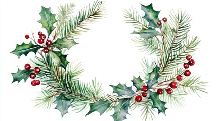 Wall Mural - Watercolor illustration of a Christmas holiday wreath featuring fir tree branches and holly