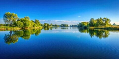 Tranquil scene of a quiet lake reflecting a clear blue sky , peaceful, serene, reflection, calm, still, water, nature