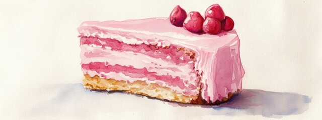 Watercolor illustration of a hand painted pink pastry cake