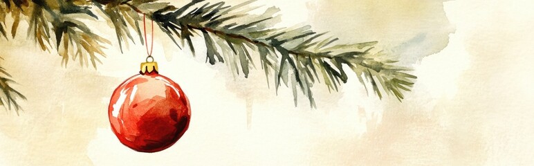 Wall Mural - Watercolor illustration of a Christmas ornament suspended from a fir tree branch creating a festive backdrop