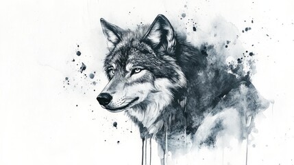 Naklejka na meble Watercolor illustration of a black and white wolf design featuring ink drips