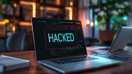 Poster - word hacked displayed on the screen of a laptop on the table in modern office, data breach or cybers