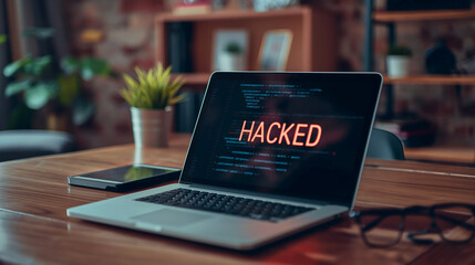 Poster - word HACKED displayed on the screen of a laptop on the table in modern office, data breach or cybersecurity failure concept 