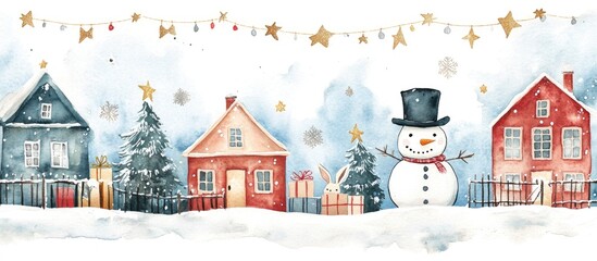 Watercolor illustration of a festive greeting card collection featuring houses a snowman a fence bullfinches a cat a hare gifts stars and garlands