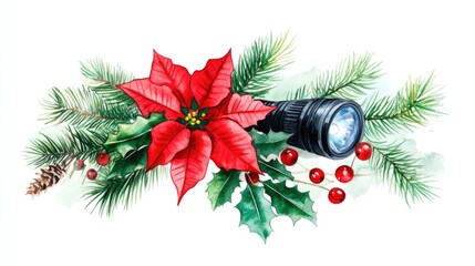 Wall Mural - Watercolor illustration of a Christmas composition featuring a flashlight poinsettia greenery spruce pine twig and holly berries Isolated on a white background