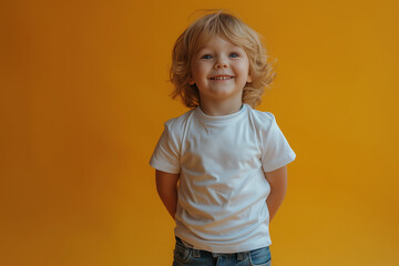 Wall Mural - Happy smiling child with curly hair against yellow background