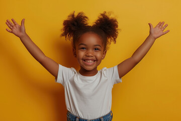 Wall Mural - Joyful child with raised arms against vibrant yellow background