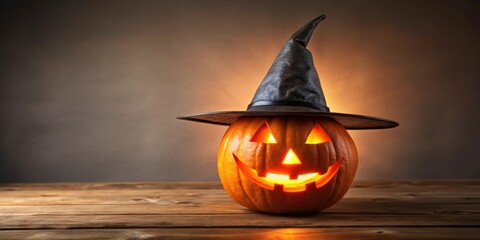 Wall Mural - Festive Halloween jack-o-lantern with witch hat against plain background, Halloween, pumpkin, festive, spooky, decoration, orange