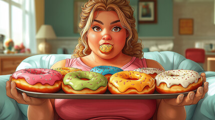 A woman cartoon character sits contentedly on a couch, holding a large tray of colorful, sprinkled donuts, enjoying a bite, embodying indulgence and the sweet joys of comfort food.