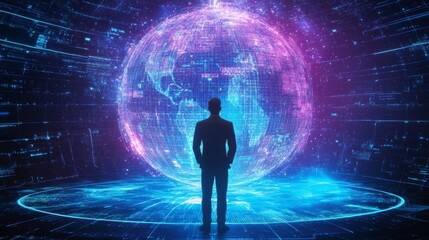 Aufkleber - Businessman presenting futuristic business world metaverse graphic. In the form of innovation in digital business processing technology, innovation of the 21st century