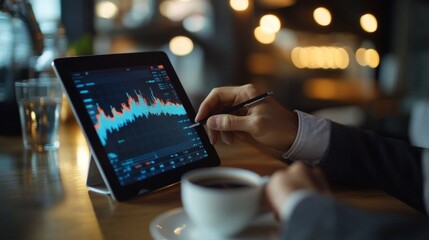 Fototapete - Businessman studying a stock market graph on his tablet, surrounded by financial charts and coffee, in a modern office setting