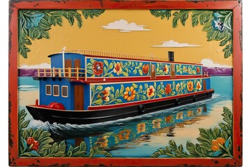 Rustic Tole Painting of a Vibrant River Barge with Botanical Patterns