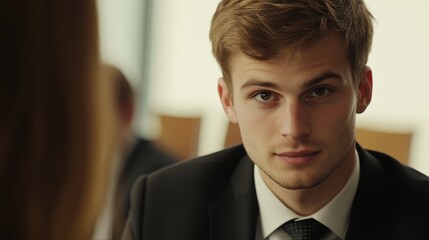 Poster - Clear-faced young businessman engaged in a discussion, with detailed facial expressions and professional attire, in a conference room