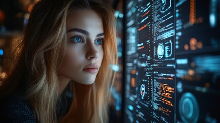 Aufkleber - AI Cybersecurity. Female Specialist Analyzing Digital Threats and Data Privacy