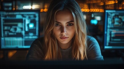 Aufkleber - AI Cybersecurity. Female Specialist Analyzing Digital Threats and Data Privacy