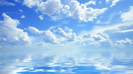 The Serene Blue Sky, White Clouds and Water Surface Reflection Background: A Tranquil Visual Oasis.