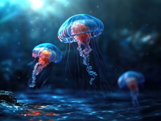 Wall Mural - Ethereal Underwater Scene with Glowing Jellyfish in Deep Blue Ocean