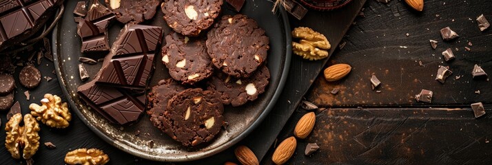 Wall Mural - Homemade Dessert of Chocolate Salami with Biscuits, Chocolate, and Nuts on a Plate, Sugar, Gluten, and Lactose Free, Vertical Shot