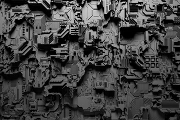 Poster - Detail of a futuristic  machine. 3D illustration of a futuristic wall made of various details. Cyberpunk background. Industrial wallpaper. Grunge details