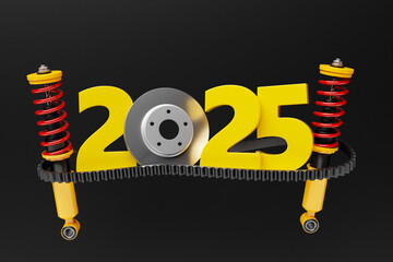 3d illustration of inscription 2025  and auto parts car   on black   isolated background. Car Repair Parts The concept of the new year and Christmas in the automotive field.