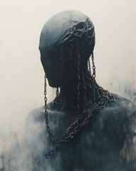 Mind Chains powerful abstract portrayal of figure whose head encased chain lock chain made of dark twisted metal cold unyielding representing restraint of mental illness figure body surrounded gray