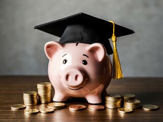 Wall Mural - Piggy bank with coins and black graduation cap as a symbol of education loan