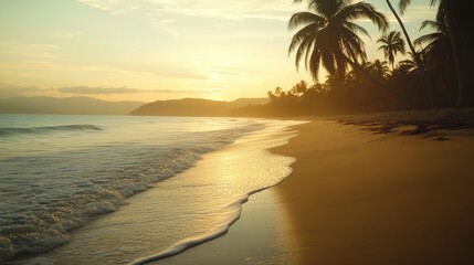 Wall Mural - Beautiful view tropical coast with palm trees and sandy beach at sunset