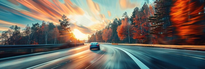 Poster - Vehicles traveling along a paved road in a wooded setting, featuring motion blur that highlights fall foliage during sunset.