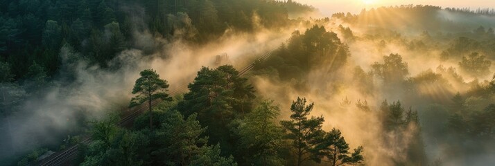 Canvas Print - Aerial View of a Scenic Railway in a Morning Forest at Sunrise, Showcasing a Beautiful Summer Landscape with Sunlight Filtering through Pine Trees and Mist