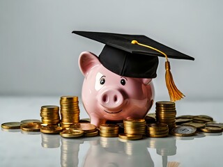 Wall Mural - Piggy bank with coins and black graduation cap as a symbol of education loan