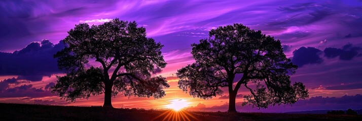 Canvas Print - Beautiful purple lilac sunset featuring tree silhouettes