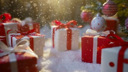 Wall Mural - christmas gifts and balls in snowy winter landscape