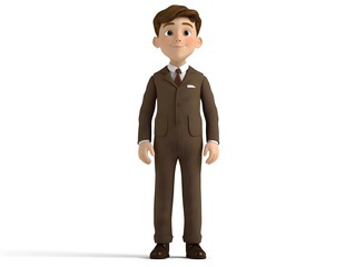 Aufkleber - 3D animation of a young boy wearing a full banker s uniform standing confidently at the center of a plain white background with no shadows or distractions