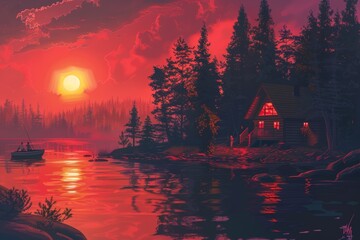 Wall Mural - A Cabin in the Woods at Sunset with a Couple on the Lake