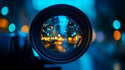 Camera Lens Reflecting City Lights