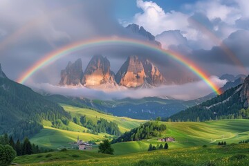 Wall Mural - Rainbow Arcing Over Mountainous Landscape with Verdant Hills and a Small Village