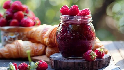 Wall Mural - Delicious berry jam made with raspberries and strawberries is sitting on a wooden table outside, surrounded by fresh ingredients and croissants