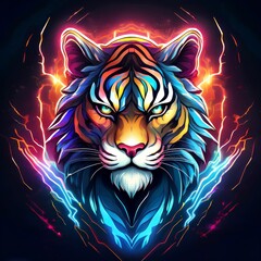  tiger head with colorful lighting abstract illustration logo design 