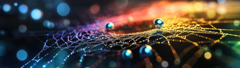 Wall Mural - Abstract Close-Up of Colorful Water Droplets on a Web with Bokeh Background