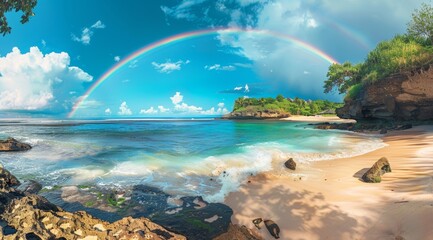 Wall Mural - Tropical Beach with Rainbow and Clear Blue Water