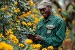 © fotofabrika - Gardener Smiling While Using Tablet Surrounded by Bright Yellow Flowers in Greenhouse Setting