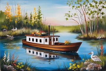 Vibrant Tole Painting of a Paddleboat Celebrating Nature's Beauty with Rich Flora and Fauna