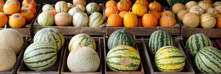 Canvas Print - Mixed selection of melons showcased at a market stand