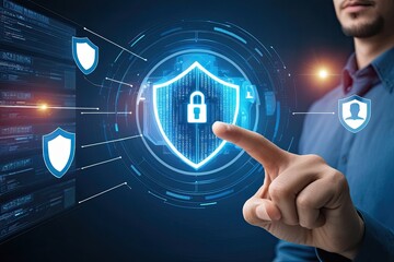 Poster - Man Hand Using Cybersecurity Interface for Data Protection and Secure Online Access