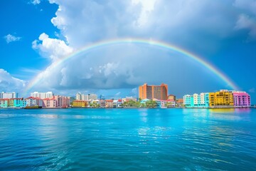 Rainbow Arcing Over Colorful Cityscape and Blue Water